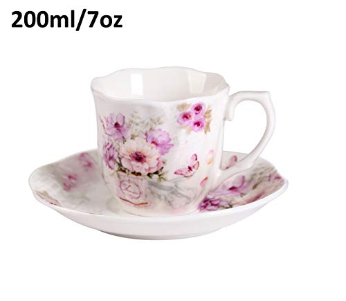 GuangYang Cerámica 6 Juegos de Tazas de Café con Platos - 220ML Exquisita Diseño de Flores Floreciente Set de Regalo de Set de Café Tazas para Espresso, Café Solo, Cortado