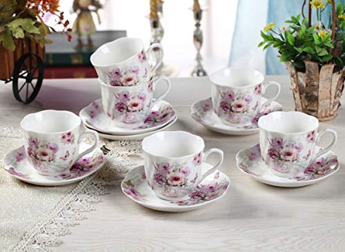 GuangYang Cerámica 6 Juegos de Tazas de Café con Platos - 220ML Exquisita Diseño de Flores Floreciente Set de Regalo de Set de Café Tazas para Espresso, Café Solo, Cortado