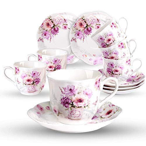 GuangYang Cerámica 6 Juegos de Tazas de Café con Platos - 220ML Exquisita Diseño de Flores Floreciente Set de Regalo de Set de Café Tazas para Espresso, Café Solo, Cortado