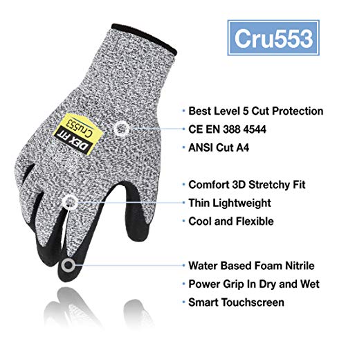 Guantes DEX FIT Nivel 5 Anticortes Cru553, Ajuste Cómodo Elástico en 3D, Gran Agarre, Espuma de Nitrilo Duradera, Smart Touch, Fino y Ligero, Gris Talla 9 (L) 1 Par