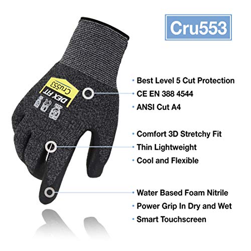 Guantes DEX FIT Nivel 5 Anticortes Cru553, Ajuste Cómodo Elástico en 3D, Gran Agarre, Espuma de Nitrilo Duradera, Smart Touch, Fino y Ligero, Negro Gris Talla 9 (L) 1 Par