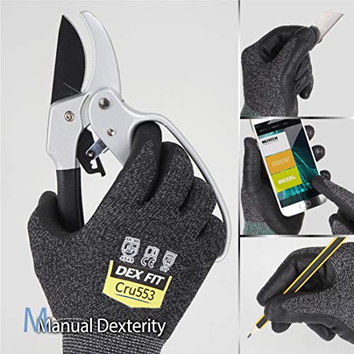 Guantes DEX FIT Nivel 5 Anticortes Cru553, Ajuste Cómodo Elástico en 3D, Gran Agarre, Espuma de Nitrilo Duradera, Smart Touch, Fino y Ligero, Negro Gris Talla 8 (M) 1 Par