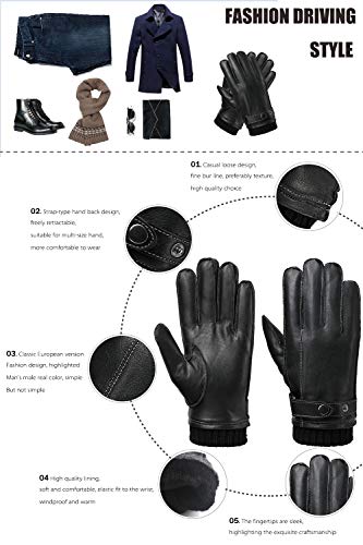 Guantes Hombre Cuero Genuino, Forro Peluche y Acabado de Punto, Manopola perfecto para inverno Pantalla táctil y Conducir disponible, Negro, S