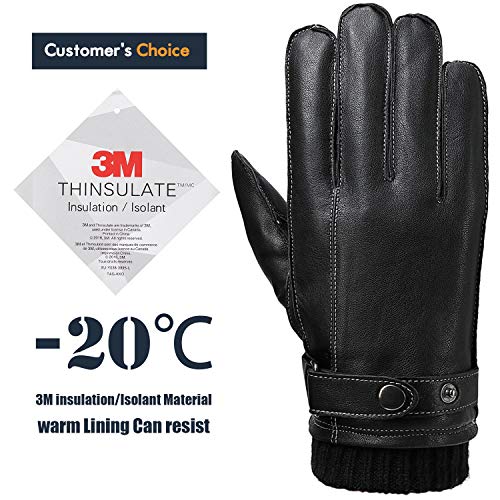 Guantes Hombre Cuero Genuino, Forro Peluche y Acabado de Punto, Manopola perfecto para inverno Pantalla táctil y Conducir disponible, Negro, S