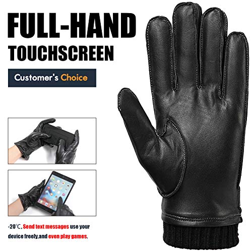 Guantes Hombre Cuero Genuino, Forro Peluche y Acabado de Punto, Manopola perfecto para inverno Pantalla táctil y Conducir disponible, Negro, S