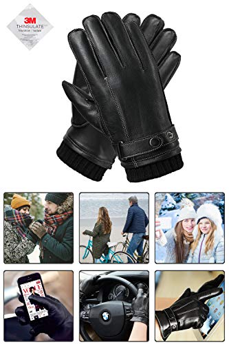 Guantes Hombre Cuero Genuino, Forro Peluche y Acabado de Punto, Manopola perfecto para inverno Pantalla táctil y Conducir disponible, Negro, S