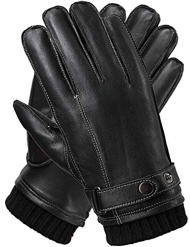 Guantes Hombre Cuero Genuino, Forro Peluche y Acabado de Punto, Manopola perfecto para inverno Pantalla táctil y Conducir disponible, Negro, S