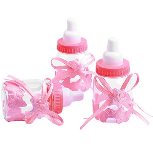 Gudotra 125 Packs 24pcs Biberones Bautizo Plastico Rosa Botella Dulces + 100pcs Tarjetas Blanco + 10 Metros Cuerda de Yute para Recuerdo de Bautizo Baby Shower