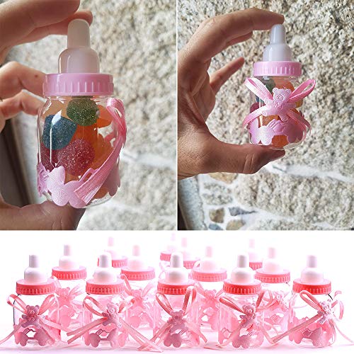 Gudotra 125 Packs 24pcs Biberones Bautizo Plastico Rosa Botella Dulces + 100pcs Tarjetas Blanco + 10 Metros Cuerda de Yute para Recuerdo de Bautizo Baby Shower