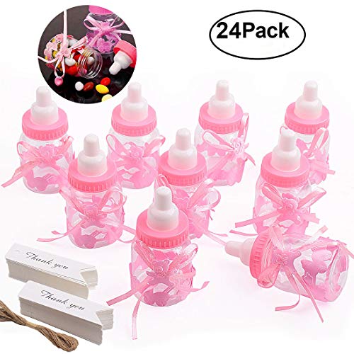 Gudotra 125 Packs 24pcs Biberones Bautizo Plastico Rosa Botella Dulces + 100pcs Tarjetas Blanco + 10 Metros Cuerda de Yute para Recuerdo de Bautizo Baby Shower