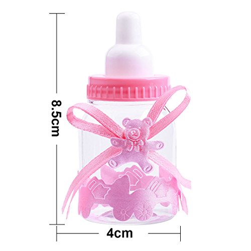 Gudotra 125 Packs 24pcs Biberones Bautizo Plastico Rosa Botella Dulces + 100pcs Tarjetas Blanco + 10 Metros Cuerda de Yute para Recuerdo de Bautizo Baby Shower