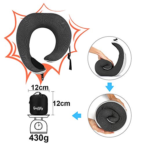 Guiffly Almohada de Viaje, Almohada de Cuello de avión de Espuma de Memoria para Viajar, Soporte Envolvente de 360 Grados, Mascara para los Ojos & Tapones para los oídos-Gris