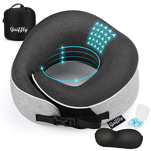 Guiffly Almohada de Viaje, Almohada de Cuello de avión de Espuma de Memoria para Viajar, Soporte Envolvente de 360 Grados, Mascara para los Ojos & Tapones para los oídos-Gris