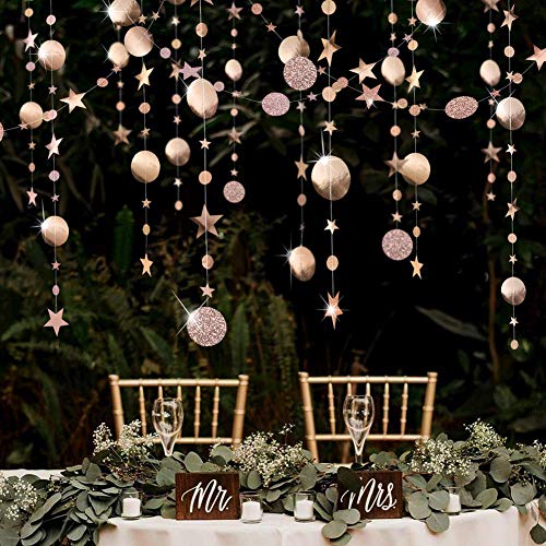 Guirnalda de Estrellas Puntos de Círculo Champán Decoración Colgante Reflectante Bandera Brillante de Papel Decoración de Fiestas de 52 pies para Boda/Aniversario/Cumpleaños/Bautizo de Bebé/Navidad