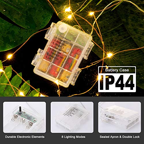 Guirnalda Luces Blanco Cálido10M 100 LED, BAKTH Cadena de Luces Impermeable IP67, Luces Navidad Pilas y Luces de Hadas para Decorativas, Navidad, Habitacion, Fiesta, Jardín, Bodas, Césped