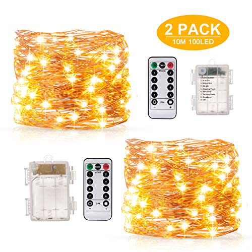 Guirnalda Luces Blanco Cálido10M 100 LED, BAKTH Cadena de Luces Impermeable IP67, Luces Navidad Pilas y Luces de Hadas para Decorativas, Navidad, Habitacion, Fiesta, Jardín, Bodas, Césped