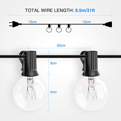 Guirnaldas luminosas de exterior，G40 Vintage Edison Bulbs 30 Enchufes Colgantes, Luces Colgantes de Interior/Exterior para Patio, Jardín, Patio Trasero, Bistró, Pérgola, Decoración de Cenador