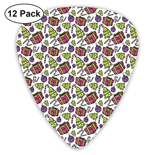 Guitar Picks - Abstract Art Colorful Designs,Colorful Tree Ornate Boxes And Candy Canes Pattern Christmas Themed Illustration,Unique Guitar Gift,For Bass Electric & Acoustic Guitars-12 Pack