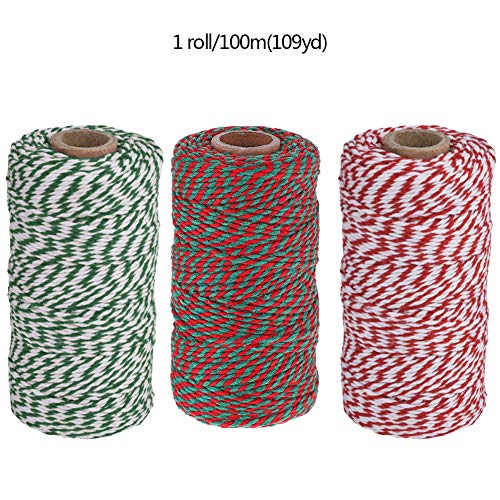 Gukasxi 300M Christmas Twine String, Craft String Cotton Thread Twine Red White Green Striped String para Hornear, carnicerías, Manualidades de Bricolaje y Envoltura