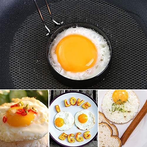 GuKKK Anillos de Huevo Antiadherentes, 4 Pcs Moldes para Huevos Fritos de Acero Inoxidable, Egg Rings, con Clip de Mano Anti-Escaldado y Cepillo de Aceite de Silicona, para Huevos Frito y Panqueques