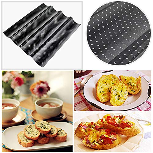 Gurxi Bandeja de Pan Francés Negro Pan Francés Molde de Acero al Carbono Bandeja Baguette Negra Baguette Baguette Bandeja Negra Pan Baguette Negro Reutilizable Puede Contener 4 Panes (Negro)