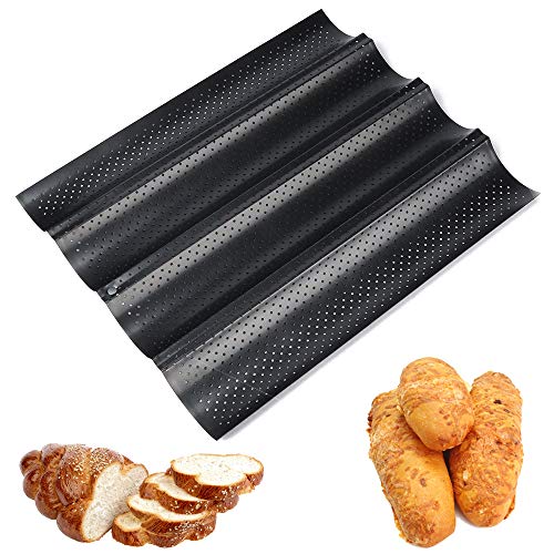 Gurxi Bandeja de Pan Francés Negro Pan Francés Molde de Acero al Carbono Bandeja Baguette Negra Baguette Baguette Bandeja Negra Pan Baguette Negro Reutilizable Puede Contener 4 Panes (Negro)