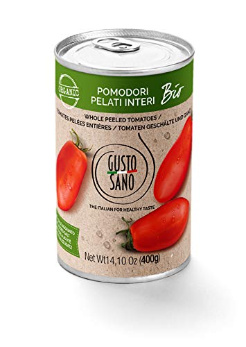GUSTO SANO TOMATES EN CONSERVA, tomates pelados, tomates ecologicos 6 pack de 400 Gr: 2,4 Kg.Latas de conservas dcon salsa tomate No OGM, BIO 100% Made in Italy