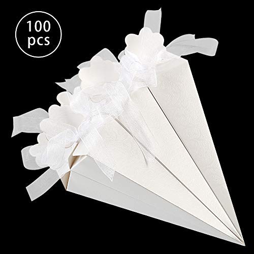 GWHOLE 100 Piezas Conos Arroz Boda Cajas Regalo Blanca para Cucuruchos Pétalos Confeti, Caramelos, Comunión, Boda Recuerdo, Invitados de boda - con Lazo Suave