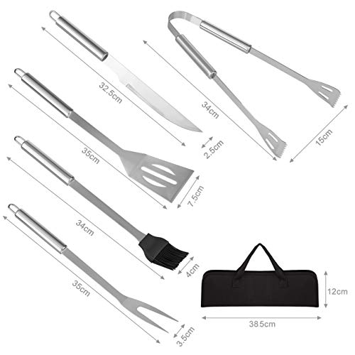 GWHOLE Kits de Barbacoa 5 Piezas Utensilios para BBQ de Acero Inoxidable, Barbacoa Espátulas Pinza Cepillos de Silicona Tenedor Kit de Herramientas con Bolsa Portátil