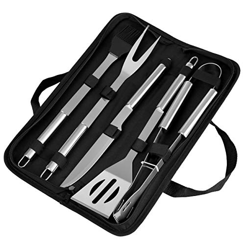 GWHOLE Kits de Barbacoa 5 Piezas Utensilios para BBQ de Acero Inoxidable, Barbacoa Espátulas Pinza Cepillos de Silicona Tenedor Kit de Herramientas con Bolsa Portátil