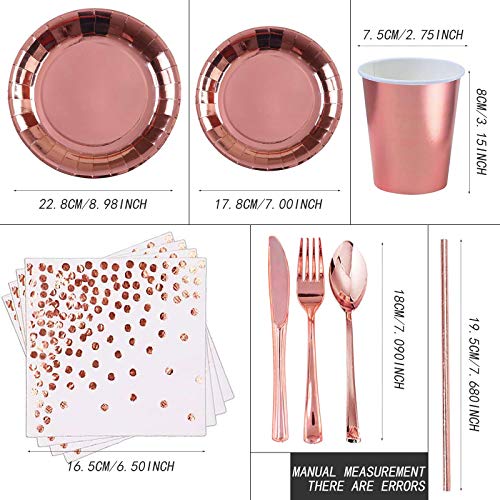 Gxhong Vajilla de Fiesta Oro Rosa, 193 Piezas Suministros de Fiesta, Platos Taza Tenedor Pajitas Servilletas Mantel Juego de Vajilla Papel Desechable para Bodas Cumpleaños Aniversario -24 invitados