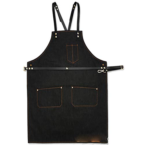 GXJ Cruzar Hombro Correa Mezclilla Babero Delantal Vaquero Cocinero Cocina Cocina Delantal para Mujer Hombres Café Tienda Barbacoa Peluquero,Black,S