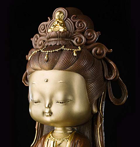 H-ei Agua y Luna Quan Yin Estatua, de 12 Pulgadas de latón Escultura Budista de Kwan Yin con Base de Madera