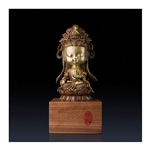 H-ei Agua y Luna Quan Yin Estatua, de 12 Pulgadas de latón Escultura Budista de Kwan Yin con Base de Madera