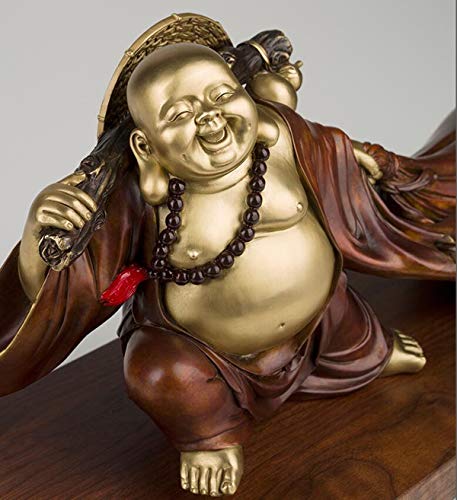 H-ei Latón Permanente Buda de Risa la celebración de Figuras Bolsa de Dinero for el Feng Shui Buena Suerte y Felicidad (9,1 Pulgadas)