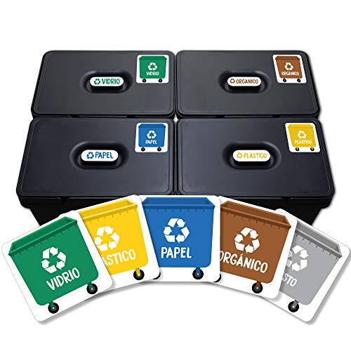 Haberdashery Online 5 Etiquetas Adhesivas para Reciclaje Basura. Pegatinas para la gestión de residuos. Cada una de 4,8 x 4,8 cm. Resistentes al Agua. Modelo XS
