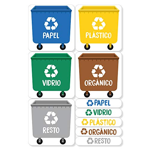 Haberdashery Online 5 Etiquetas Adhesivas para Reciclaje Basura. Pegatinas para la gestión de residuos. Cada una de 4,8 x 4,8 cm. Resistentes al Agua. Modelo XS