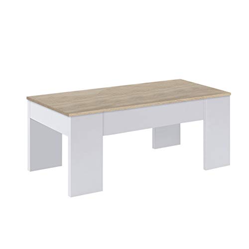 Habitdesign 0F1640A - Mesa de Centro elevable, mesita de Comedor, Medidas 43 x 1,02 x 50 cm de Fondo. (Blanco Artik y Roble Canadian)