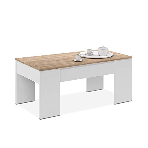 Habitdesign 0F1640A - Mesa de Centro elevable, mesita de Comedor, Medidas 43 x 1,02 x 50 cm de Fondo. (Blanco Artik y Roble Canadian)