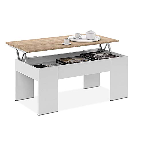 Habitdesign 0F1640A - Mesa de Centro elevable, mesita de Comedor, Medidas 43 x 1,02 x 50 cm de Fondo. (Blanco Artik y Roble Canadian)