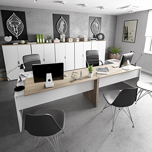 Habitdesign 0F4655A - Mesa Office, Mesa despacho Ordenador Modelo BUC 3 cajones, Color Blanco Artik y Roble Canadian