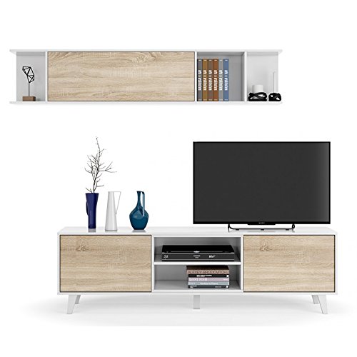 Habitdesign 0F6634BO - Mueble de salón Comedor, módulo TV + Estante, Color Blanco Brillo y Roble Canadian, Medidas: 180x54x41 cm de Fondo