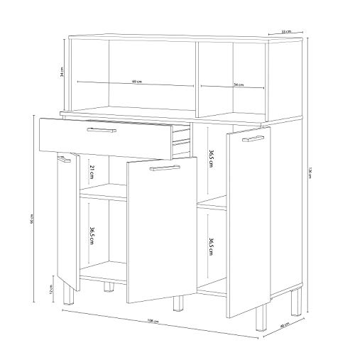 Habitdesign 0F9930A - Alacena de Cocina, Aparador, Mueble Auxiliar 3 Puertas + 1 Cajon y Estante, Blanco Artik y Roble Canadian, Medidas: 108 cm (Largo) x 126 cm (Alto) x 40 cm (Fondo)