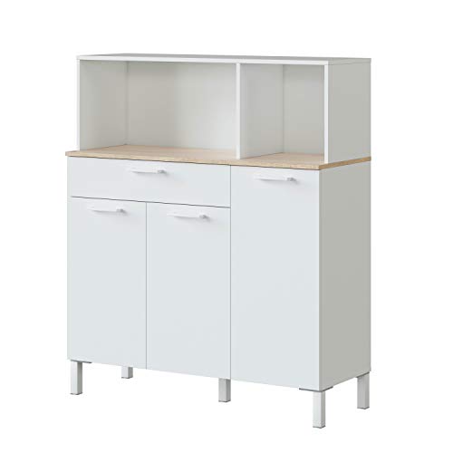 Habitdesign 0F9930A - Alacena de Cocina, Aparador, Mueble Auxiliar 3 Puertas + 1 Cajon y Estante, Blanco Artik y Roble Canadian, Medidas: 108 cm (Largo) x 126 cm (Alto) x 40 cm (Fondo)