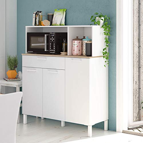 Habitdesign 0F9930A - Alacena de Cocina, Aparador, Mueble Auxiliar 3 Puertas + 1 Cajon y Estante, Blanco Artik y Roble Canadian, Medidas: 108 cm (Largo) x 126 cm (Alto) x 40 cm (Fondo)