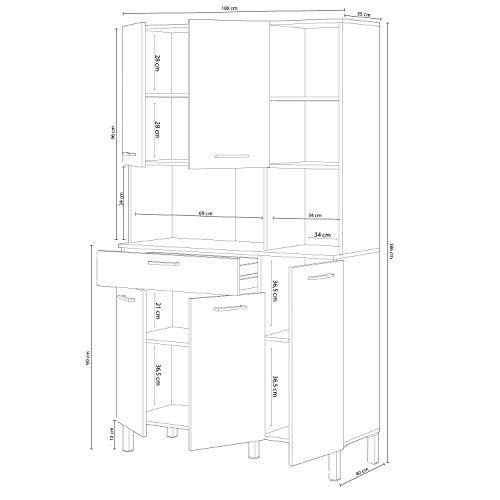 Habitdesign 0F9950A - Alacena de Cocina, Aparador, Mueble Auxiliar 5 Puertas + 1 Cajon y Estante, Blanco Artik y Roble Canadian, Medidas: 108 cm (Largo) x 186 cm (Alto) x 40 cm (Fondo)