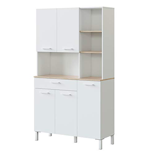 Habitdesign 0F9950A - Alacena de Cocina, Aparador, Mueble Auxiliar 5 Puertas + 1 Cajon y Estante, Blanco Artik y Roble Canadian, Medidas: 108 cm (Largo) x 186 cm (Alto) x 40 cm (Fondo)