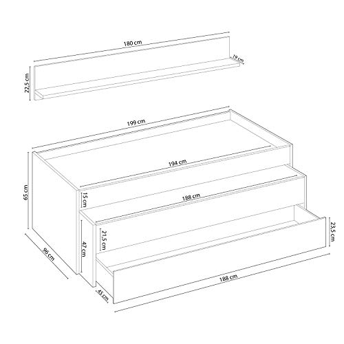 Habitdesign 0K7438A - Cama Nido Juvenil, Dos Camas + Cajon + Estante, Cama Infantil, Acabado en Blanco Artik y Blanco Velho, Medidas: 199 cm (Largo) x 96 cm (Ancho) x 65 cm (Alto)