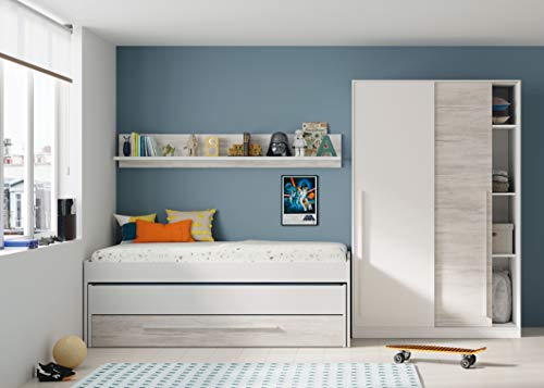 Habitdesign 0K7438A - Cama Nido Juvenil, Dos Camas + Cajon + Estante, Cama Infantil, Acabado en Blanco Artik y Blanco Velho, Medidas: 199 cm (Largo) x 96 cm (Ancho) x 65 cm (Alto)