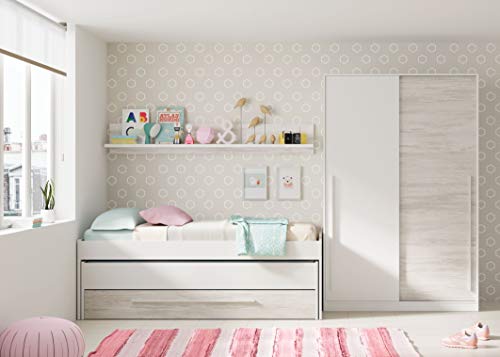 Habitdesign 0K7438A - Cama Nido Juvenil, Dos Camas + Cajon + Estante, Cama Infantil, Acabado en Blanco Artik y Blanco Velho, Medidas: 199 cm (Largo) x 96 cm (Ancho) x 65 cm (Alto)